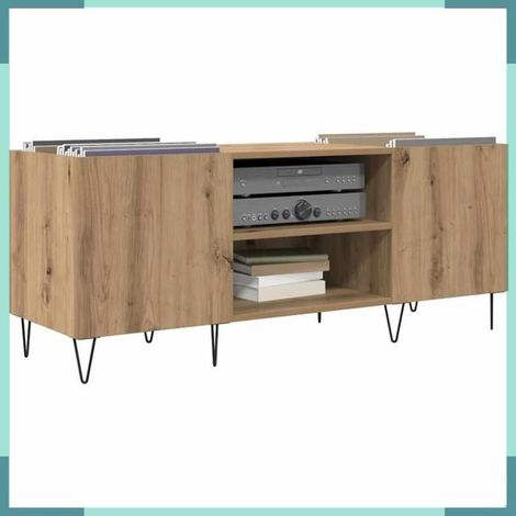 Meuble à vinyles - 881790 - Chêne artisanal - 121 x 38 x 48 cm - 2 portes, 2 étagères (1/5)