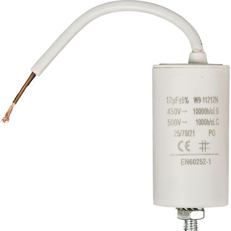 Condensador arranque motor electrico 450 V con cable 12.0 uF Blanco