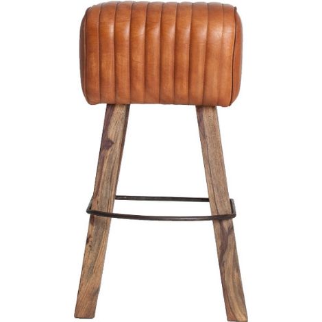 Tabouret de bar cuir marron et pieds acacia massif clair Marina (1/3)