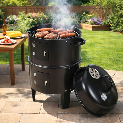 TolleTour Barbacoa ahumador multifunción 3 en 1 Barbacoa de carbón con termómetro, control de aire, bandeja de agua y 3 cámaras 40 x 80 cm (1/5)