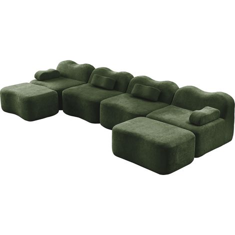 Divano modulare a U 4 posti con 2 pouf, velluto verde, schiuma 32D (1/5)