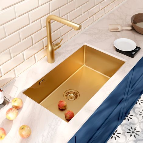 Ceramia Timeless Lavello da cucina sottotop in acciaio inox 304, 1 vasca, 68x45x21 cm, oro spazzolato PVD (TMLKSU-6845BG)