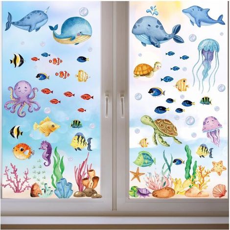 134 PCS Sea Window Stickers, Removable Bathroom Decals, Jellyfish Turtle Marine Stickers, Ocean Decals for Summer Decoration of Glass Pool Beach Theme (1/5)
