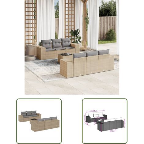The Living Store 7-tlg. Garten-Sofagarnitur mit Kissen Beige Poly Rattan - Gartenmöbel Set - PE-Rattan Möbel - Outdoor Lounge - Esstisch Set - Balkonmöbel (1/3)
