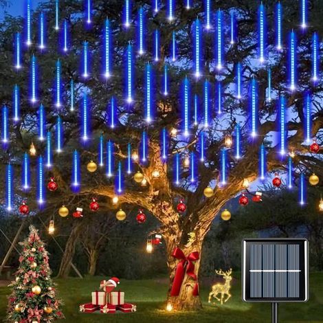 KLVGTIFS PU - Lumières Solaires de Pluie de Météores, Guirlandes IP65 Imperméable Lumières de Noël avec Tubes de 30 cm, 8 Tubes, 192 LED,Bleu (1/5)