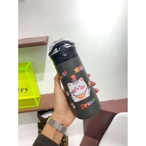 Gourde Bouteille d'Eau Thermos Portable avec Paille pour Enfant, Tasse Thermique en Acier Inoxydable,noir 480ml (1/4)