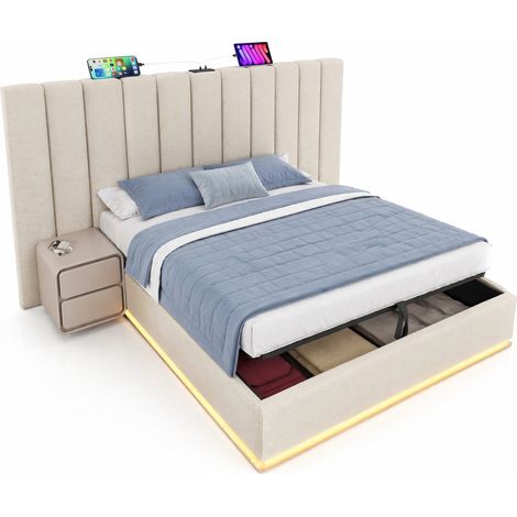 Lit capitonné 160x200 avec coffre, LED 360° pilotable par app, 3 USB et USB-C 20 W, structure stable, beige, CHICFURN (1/5)