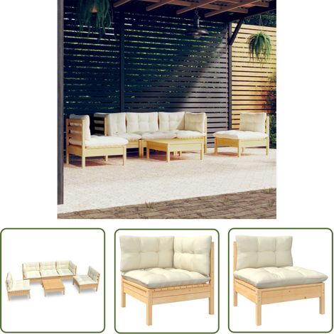 The Living Store 6-tlg. Garten-Lounge-Set mit Creme Kissen Massivholz Kiefer - Garten Lounge Set - Esszimmergarnitur - Outdoor Möbel - Gartenmöbel - Rattan Sessel (1/5)