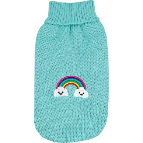 Pull pour Chien, Longueur Dos 20 cm, Pull avec col Haut, Broderie Arc-en-Ciel, Trou Laisse et Passant Pattes arrière, Bleu Clair, 3XS