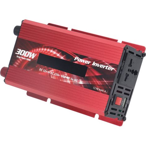 Onduleur Solaire 300W pour Voiture, Convertisseur de Courant Sinus Modifié, Entrée 12V DC vers Sortie 220V AC, Port USB 2.0A, Ventilateur de Refroidissement et Écran LCD, Modèle Tech, Rouge (1/5)