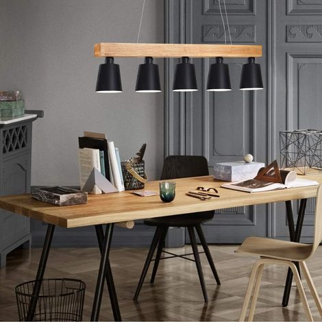 ZMH Lampe Suspension Luminaire Plafonnier E27 avec 5 Flammes Lampe Industrielle en Bois et Métal Hauteur Réglable pour Salle à Manger Salon Café Bureau Chambre