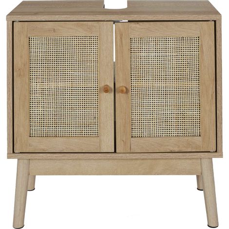 The Home Deco Factory – Meuble sous vasque simple 60x30x70 cm – 2 portes en rotin tressé – Structure en bois et panneaux de particules – Ambiance naturelle salle de bain