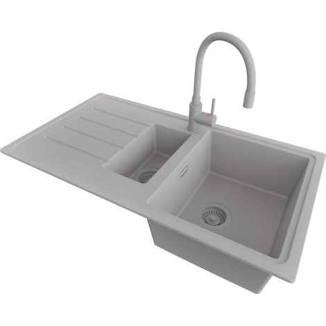 PRIMAGRAN Evier Cuisine en Granit 90x50cm,Lavabo 1,5 bacs + Robinet 38x14cm + Kit de Vidage, Évier à Encastrer au meuble 60cm - Copenhague Duo, Gris (1/5)