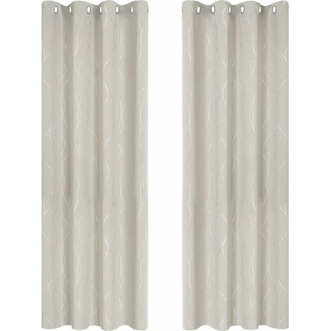 Set of 2 Insulating Blackout Blackout Curtain Thermal Anti-Cold Curtain 140x245cm with Eyelets Printed Silver Lines and Dots Light Beige (1/5)
