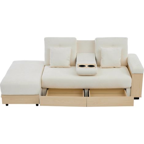 CHICFURN Sofá cama con almacenamiento, respaldo reclinable en 3 posiciones, 2 cajones, portavasos oculto y tapizado en tela beige para salón, 217 cm (1/5)