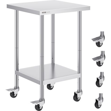 VEVOR Tavolo da Lavoro in Acciaio Inossidabile 610 x 610 x 954 mm, con 4 Ruote, 3 Livelli di Altezza Regolabili, Tavolo Resistente per Preparazione Alimenti Ristoranti Cucina Commerciale, Argento