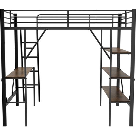 Letto a soppalco in metallo 90 x 200 cm con scrivania e 3 ripiani, nero, MODENUIT (1/5)
