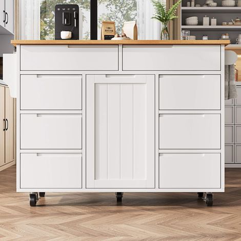 Îlot de cuisine mobile blanc avec plateau extensible, desserte sur roulettes, meuble de rangement 8 tiroirs, porte-épices et porte-serviettes (1/5)