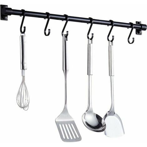 Barre Murale Cuisine Ustensiles 40CM - Barre Étagère de Cuisine avec 6 Crochets Amovibles - Rack Porte Étagère à Fixation Murale pour Ustensiles de Cuisine (Noir) (1/5)