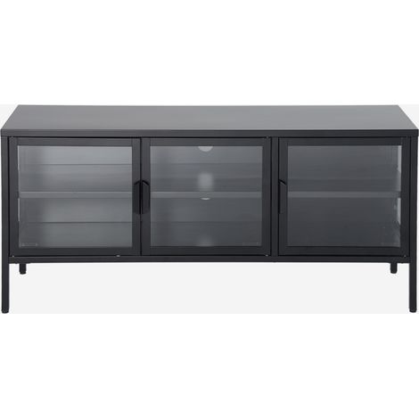 Mueble de TV industrial de metal y vidrio templado con 3 puertas, 120cm (1/5)