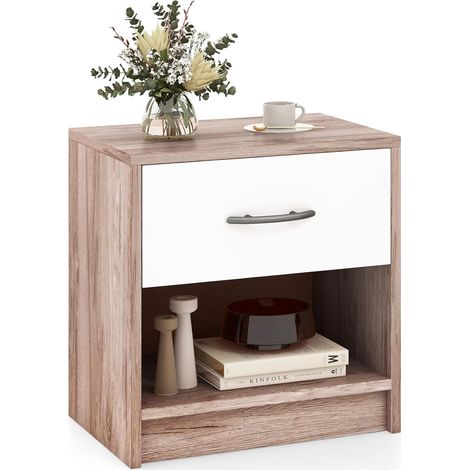 COSTWAY Comodino 38,5 x 28 x 40,5cm in Legno, Tavolino Salvaspazio con Scomparto Aperto e Casseto per Soggiorno e Camera da Letto (Naturale Scuro+Bianco)