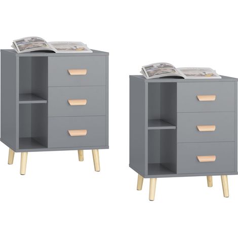 Set de 2 Mesas Auxiliares Mesita de Noche con 3 Cajones Mesa para Salón Comedor con 2 Estantes 48 x 40 x 60 cm Gris FBT95-HGx2 SoBuy ES