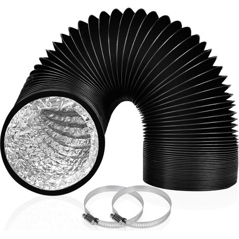 Conduit d'air de 150 mm, tuyau d'aération flexible de 2 m de long, tuyau en feuille d'aluminium PVC 2 colliers de serrage inclus (1/4)