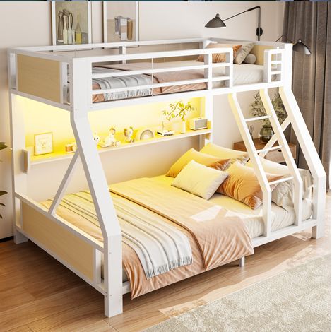 Lit superposé LED 90x200 et 140x200 avec étagère, gain de place chambre enfant, métal et bois, blanc (1/5)