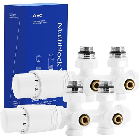 2 Pièces - Kit Multibloc - Vanne Thermostatique - Raccordement Central 50mm - Régulation Précise - Pour Radiateur Chauffage - Blanc - 50mm