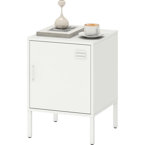 Table chevet acier. Appoint multifonction. Étagère réglable. Chambre/salon. Blanche. (1/5)