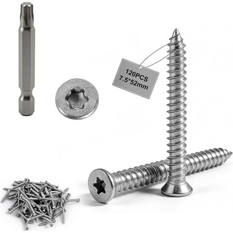 120 PCS Vis de Cadre de Fenétre 7.5 mm x 52 mm avec Torx 30 Bit, Vis Béton Téte Fraisée, Vis d'Ancrage Direct pour Béton, Portes et Fenêtres, Murs (1/5)