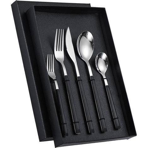 Ensemble de couverts en acier inoxydable haute dureté, couteaux, fourchettes, cuillères et ustensiles de table, manche noir. (1/5)