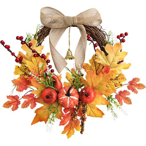 Guirlande Automnale - Décor Festif Pour Porte Et Mur - Pomme De Pin Faite En Plastique Et Mousse - Feuilles D'érable Et Baies Rouges - 38 Cm - 1 Pièce (1/5)