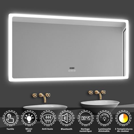Acezanble – Miroir lumineux de salle de bain 80x60cm – Bluetooth – 3 couleurs – Horloge numérique – Anti-buée – Économie d'énergie (1/5)
