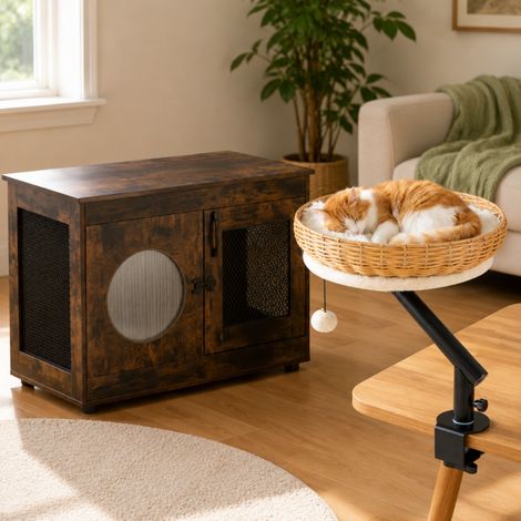Cat Furniture Set (2-Piece) – Rotating Desk Cat Bed & Wood-Look Pet Crate (1/5)