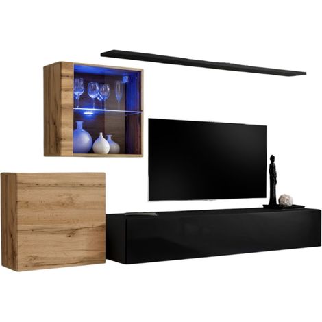 Composizione murale SWITCH XV – Mobile TV, cubi sospesi e scaffale – Nero lucido e rovere Wotan – Design moderno