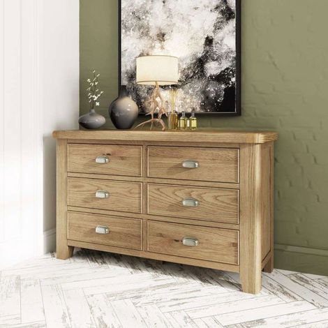 Commode 6 tiroirs 140x45x85 cm en chêne massif - SUNDELI