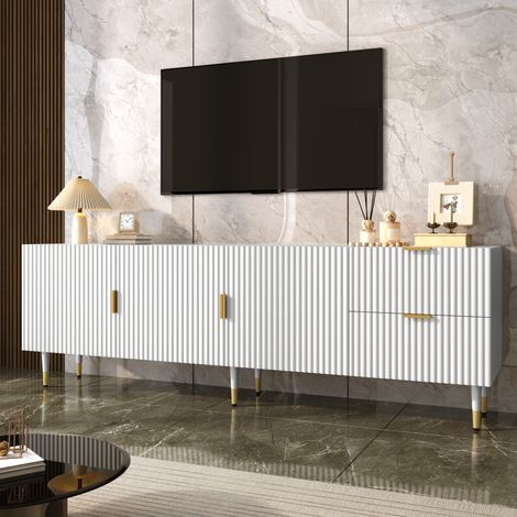 Meuble TV 170 x 35,5 x 55 cm avec portes, tiroirs et passe-câbles, meuble bas blanc à poignées et pieds dorés (1/5)