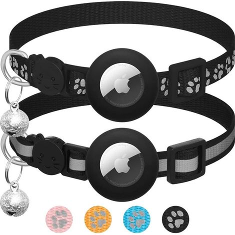 Lot de 2 colliers pour Apple AirTag pour chat avec clochette, collier réfléchissant pour chat avec support Airtag, réglable de 17,8 à 30,5 cm, avec boucle de sécurité noir (1/5)