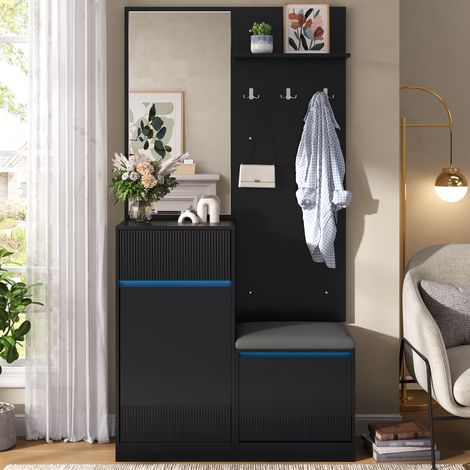 Recibidor de entrada con zapatero y espejo - 105 x 38 x 190 cm - mueble de pasillo con banco y perchero led inteligente - moderno mdf - negro (1/5)