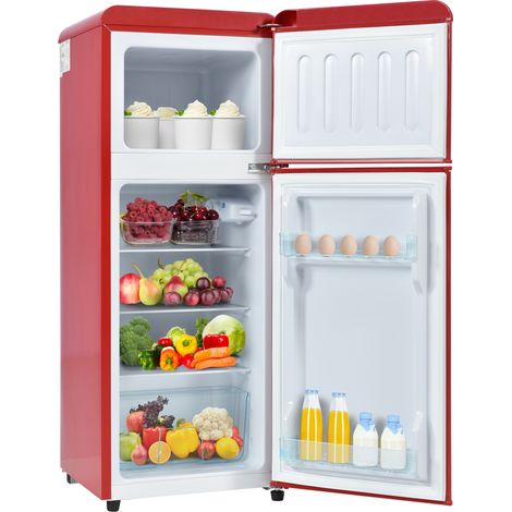 Réfrigérateur rétro, hauteur 105,5 cm, largeur 41 cm, deux portes, avec un volume total de 92 litres, balconnets de porte et étagères en verre, 181 kWh/an, -27°C 13°C, éclairage LED, OKWISH (1/5)