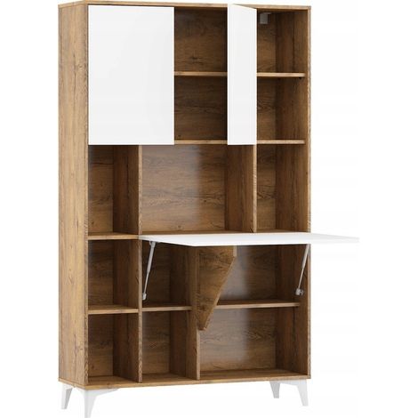 Armoire Placard Convertible en bureau et table Home office 175x105x34cm « Meggie 2-Blanc brillant (front)/Chêne foncé(corps)» (1/5)