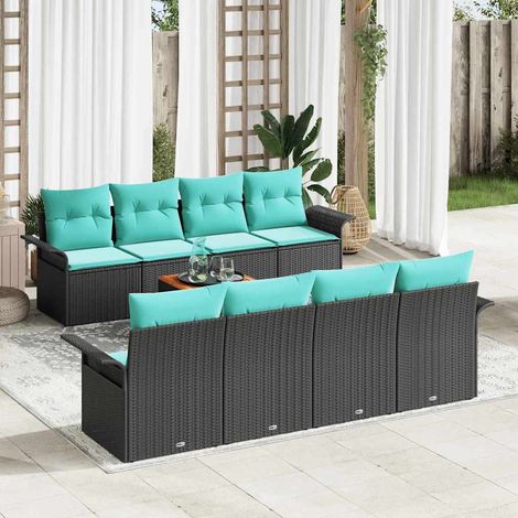 Salon de Jardin Modulaire 9 pcs en Polyrotin Noir et Turquoise avec Table et Coussins - PANGIVO (1/5)