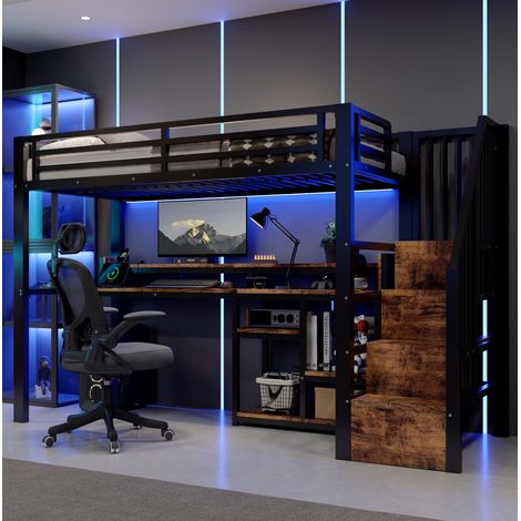 Litera alta 90x200 cm con escalera-armario, estante, LED, USB y Type-C, estructura de metal y MDF - negro (1/5)