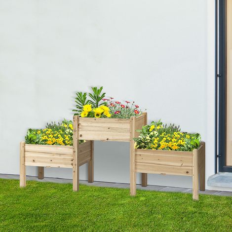 Huerto elevado cuadrado Outsunny, 2 niveles, Dimensiones: 184 cm de largo x 45 cm de ancho x 80 cm de alto, Sistema de riego integrado, Madera de abeto preaceitada