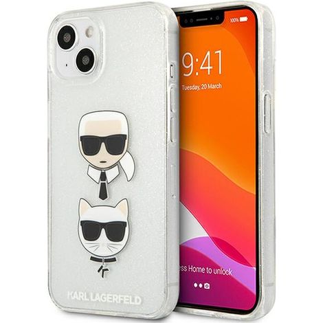 Karl Lagerfeld KLHCP13SKCTUGLS iPhone 13 mini 5.4 plata/carcasa rígida plateada Glitter Karl's & Choupette (1/5)