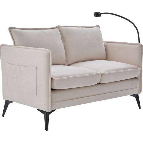 Canapé 2 places moderne, petit canapé en tissu, fauteuil avec rangement, poches latérales + support de téléphone réglable, adapté au salon/chambre/balcon (chenille beige) (1/5)