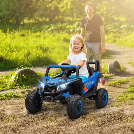Voiture électrique tout-terrain 12 V pour enfants, avec 2 moteurs, télécommande 2,4 GHz, vitesse jusqu'à 7 km/h, système de suspension, bleue.