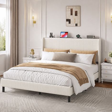 Bettgestell 180x200 cm Beige-Creme aus Cord mit gepolstertem Kopfteil und Metall-Lattenrost (1/5)