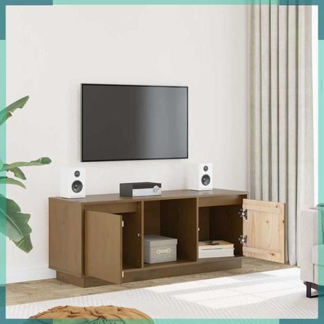 Meuble TV - 814342 - Bois de pin massif - Marron miel - 110,5 x 35 x 44 cm (1/5)